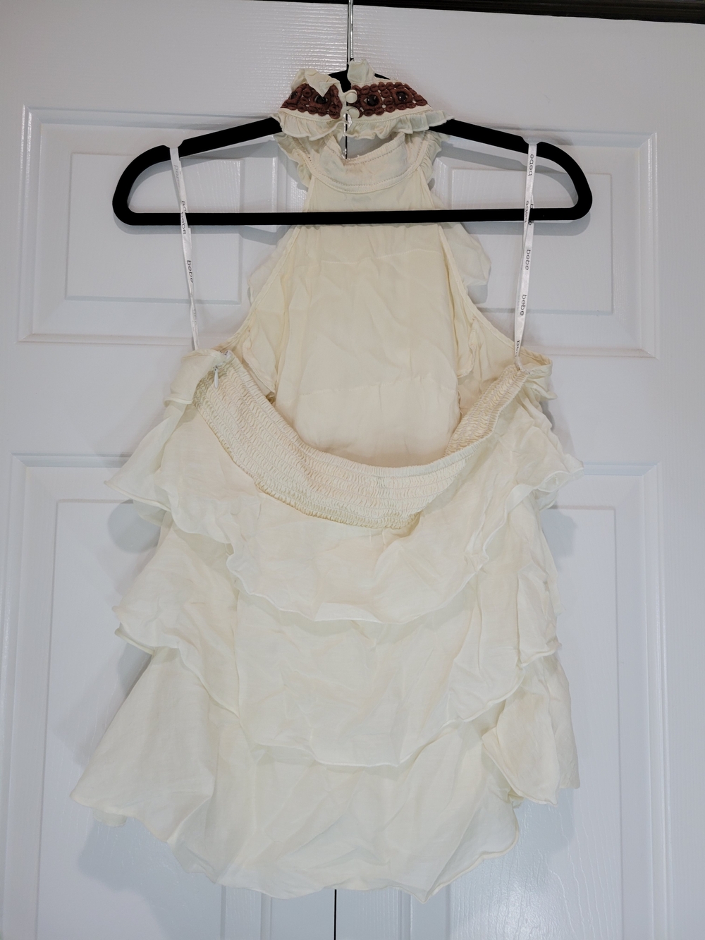 bebe Cream Low Back Ruffled Halter Tank Top with Embroidered Neck - Picture 2 of 10